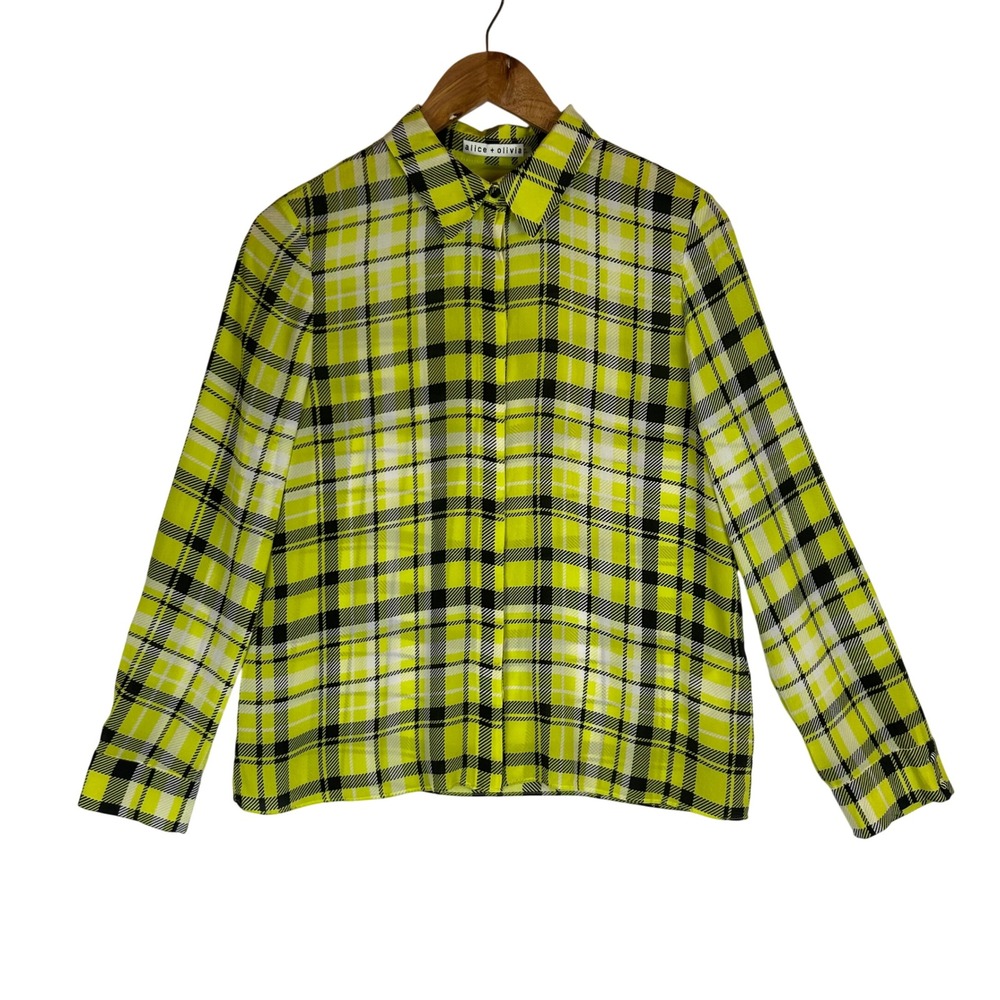 Alice + Olivia Neon Yellow Black Plaid Silk Button Down Shirt CC109P24022 Medium